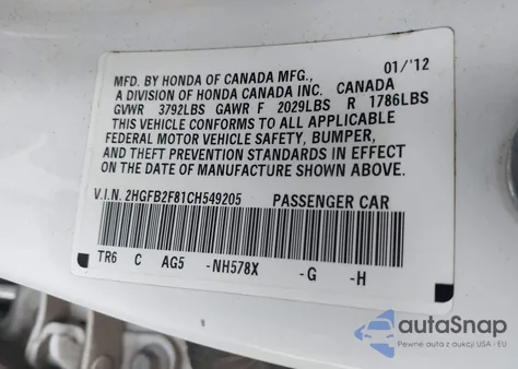 2012 Honda Civic Ex from USA, damaged, VIN 2HGFB2F81CH549205